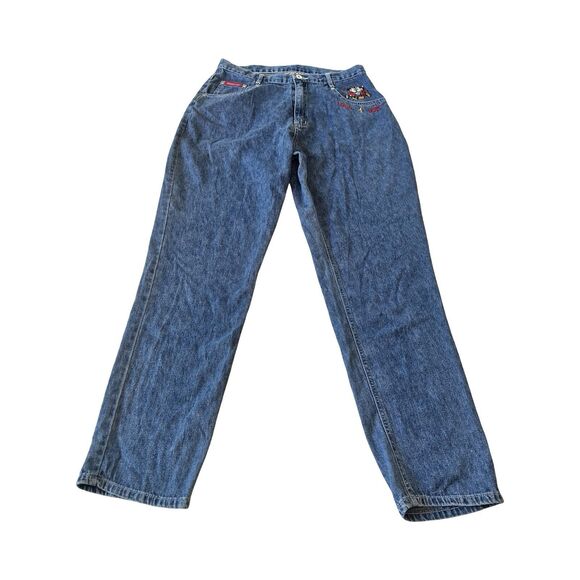 Vtg Mickey & Co Womans Embroidered Blue Denim Jeans 90s High Rise Straight - Picture 1 of 5